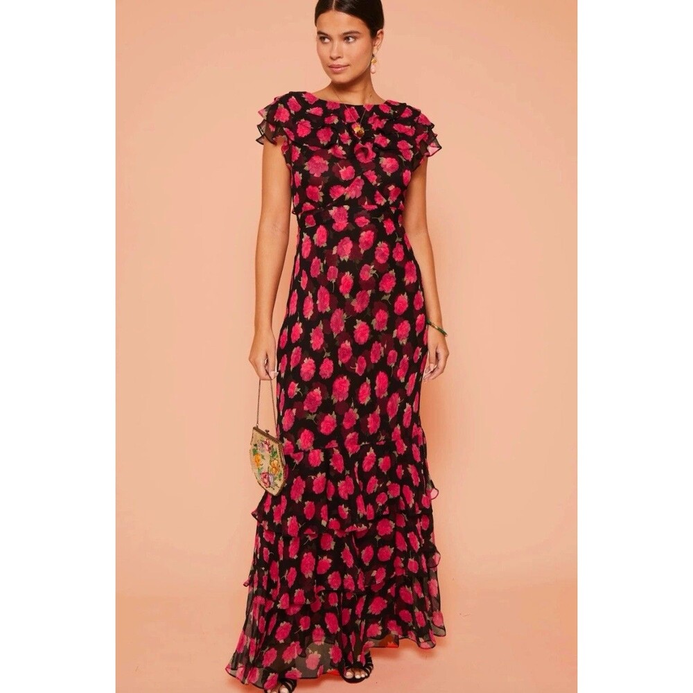 RIXO Rio Dress Vintage Pink Rose Floral Black Ruffle Silk Chiffon Maxi  size L10
